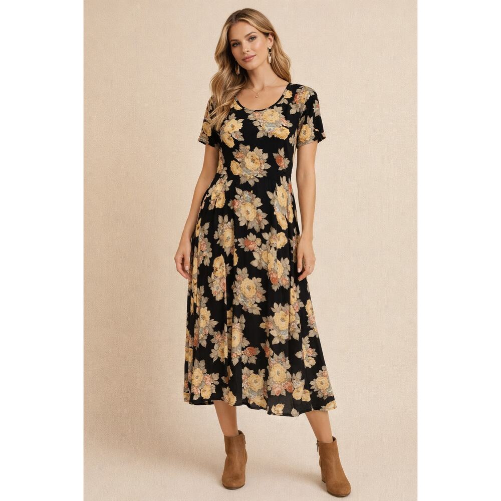 WOMEN’S BLACK FLORAL MIDI DRESS FLOWY BOHO VINTAGE STYLE